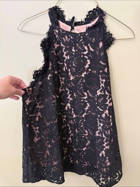 eesome Black Lace Overlay Dress with Pink Lining